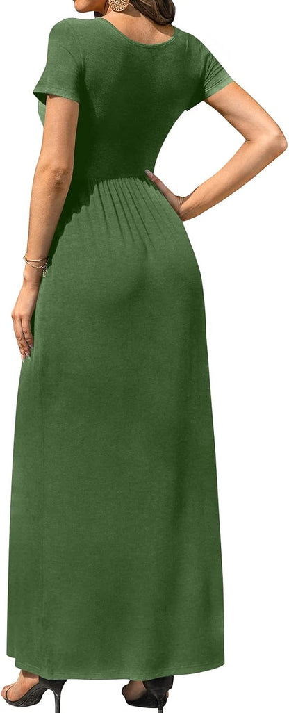 DB MOON Womens 2026 Summer Maxi Dresses Casual Short Sleeve Empire Waist Spring Long Dress with Pockets
