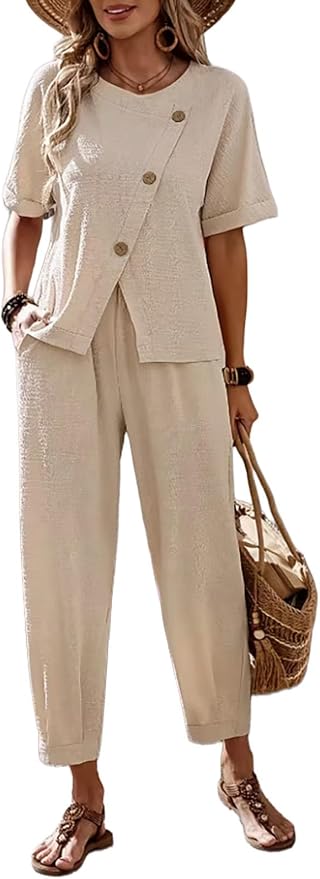 Womens 2 Piece Outfits Asymmetrical Button Front Short Sleeve Top & Elastic Waist Pants Set Casual Streetwear