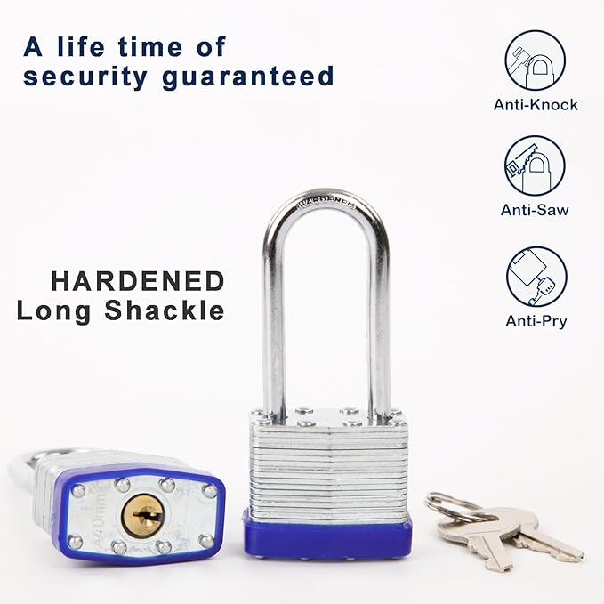 SEPOX Twins Keyed-Alike Padlock, Reinforced Laminated Steel Body 1-916" 40MM, Robust Hardened-Steel Long-Shackle, Pack of 2-Pcs Lock, 4-Pcs Same Keys, Ideal for Locker-Lock  Tool-Box