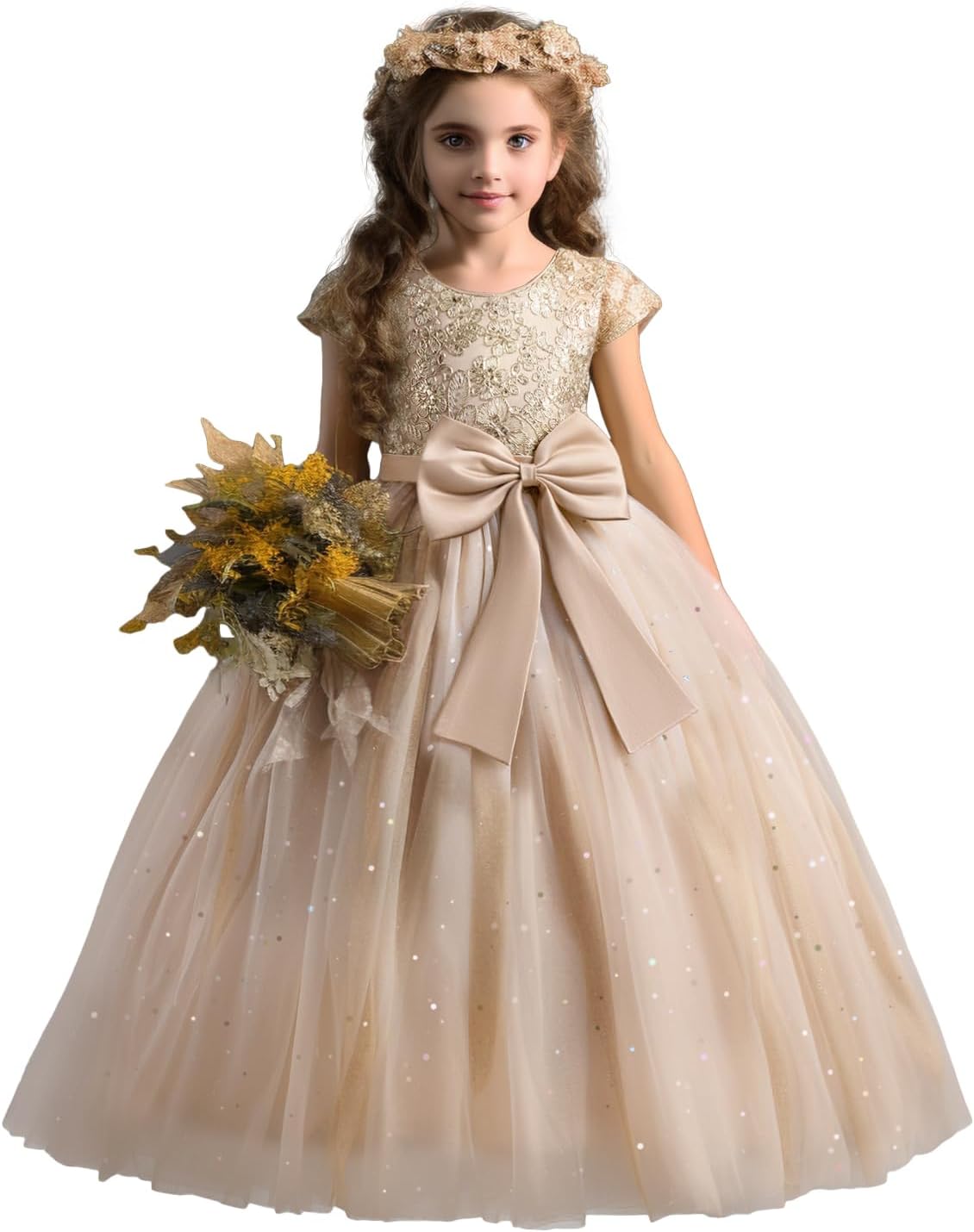 Exquisite lace dress with intricate golden lace design and charming bow detail for special occasions.