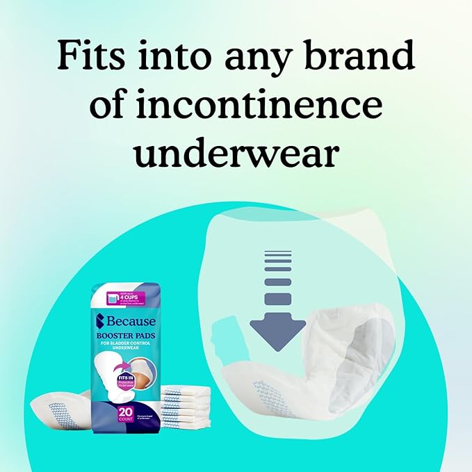 Because Premium Incontinence Booster Pads for Men and Women, Adds 4 Cups Extra Absorbency to Adult Diapers, Super Soft, Adhesive Strip Backing, Unisex, 20 Count