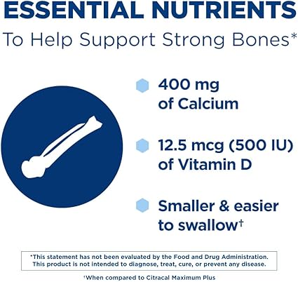 Citracal Petites, 400 mg Calcium Citrate, Easily Absorbed and Highly Soluble with 12.5 mcg (500 IU) Vitamin D3, Bone Health Support for Ages 12, Smaller and Easier to Swallow Caplets, 200 Count