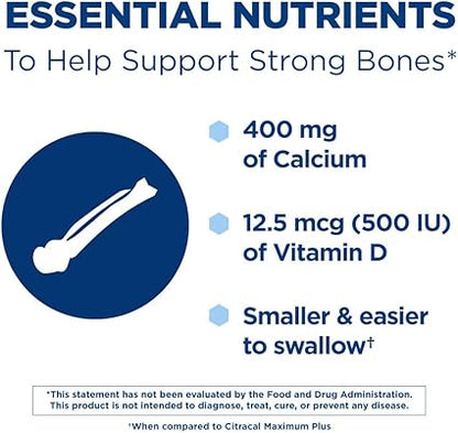 Citracal Petites, 400 mg Calcium Citrate, Easily Absorbed and Highly Soluble with 12.5 mcg (500 IU) Vitamin D3, Bone Health Support for Ages 12, Smaller and Easier to Swallow Caplets, 200 Count