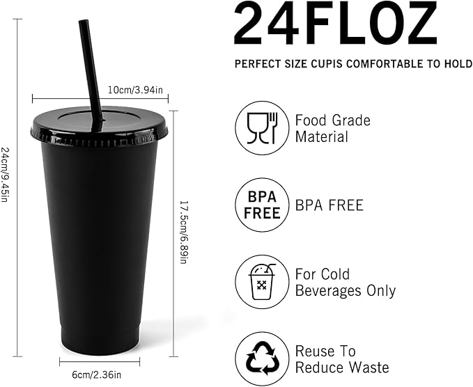 letech Plastic Black Cups with Lids and Straws, 5 Pack 24oz Reusable Cups With Lids and Straws Bulk for Adults Kid Women Party, Portable Spill Proof Cups for Iced Coffee