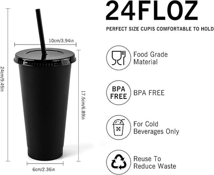 letech Plastic Black Cups with Lids and Straws, 5 Pack 24oz Reusable Cups With Lids and Straws Bulk for Adults Kid Women Party, Portable Spill Proof Cups for Iced Coffee