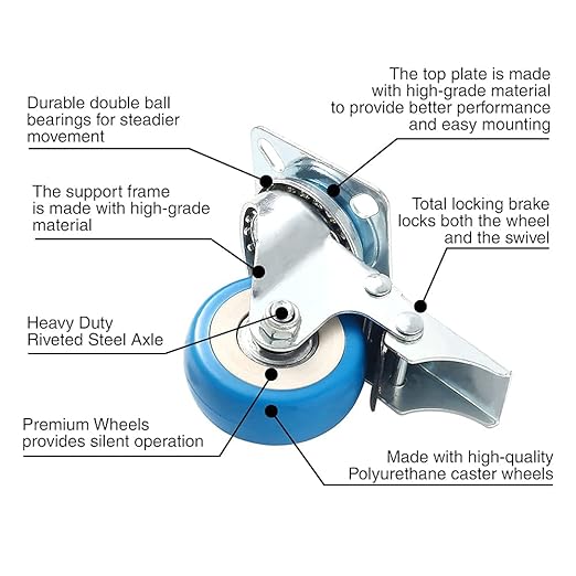 4 Pack Caster Wheels Swivel Plate Stem Brake Casters On Blue Polyurethane Wheels (2 inch with Brake)