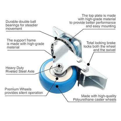 4 Pack Caster Wheels Swivel Plate Stem Brake Casters On Blue Polyurethane Wheels (2 inch with Brake)