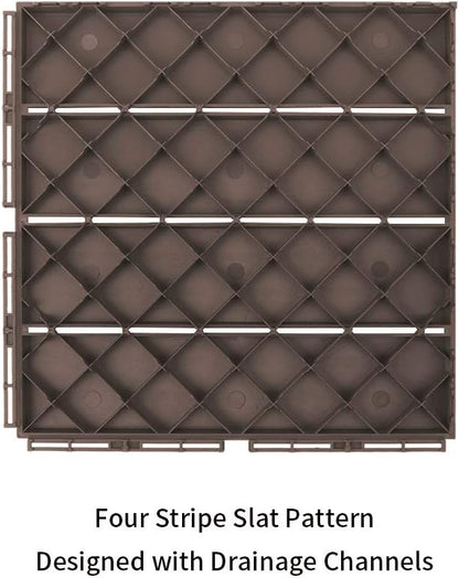 domi Outdoor Living Patio Deck Tiles, 12 x 12 inches Composite Interlocking Decking Tile, Four Slat Plastic Outdoor Flooring, 9 Pieces One Pack, Dark Brown