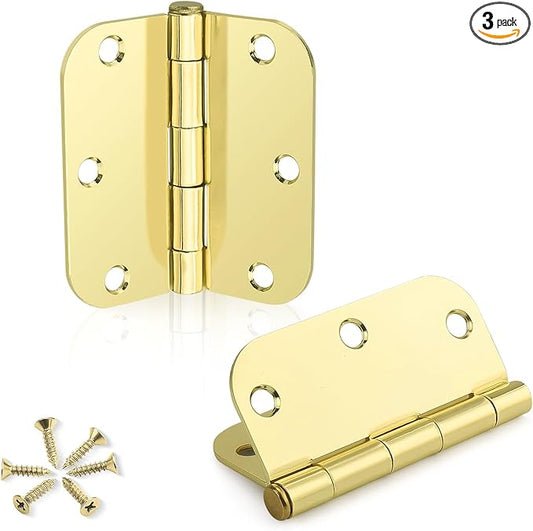 KNOBWELL 3 Pack 3.5" Polished Brass Door Hinges No Squeak, Heavy Duty Hinge for EntryGarageGate, Gold ExteriorInterior Door Hinges with 58" Radius Corners