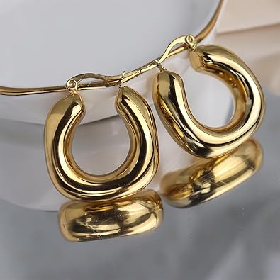 JeanBeau Gold Plated Chunky Hoop Earrings for Women, Trendy Statement Thick Hollow Lightweight Huggie Hypoallergenic Earing Jewelry Gift