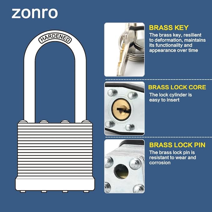 ZonRo Locks Laminated Steel Keyed Padlock, Keyed Alike Locks,1-916"(40mm) Wide Body,Long Shackle Padlock, Blue Plastic Hoop, Pack of 12 ...