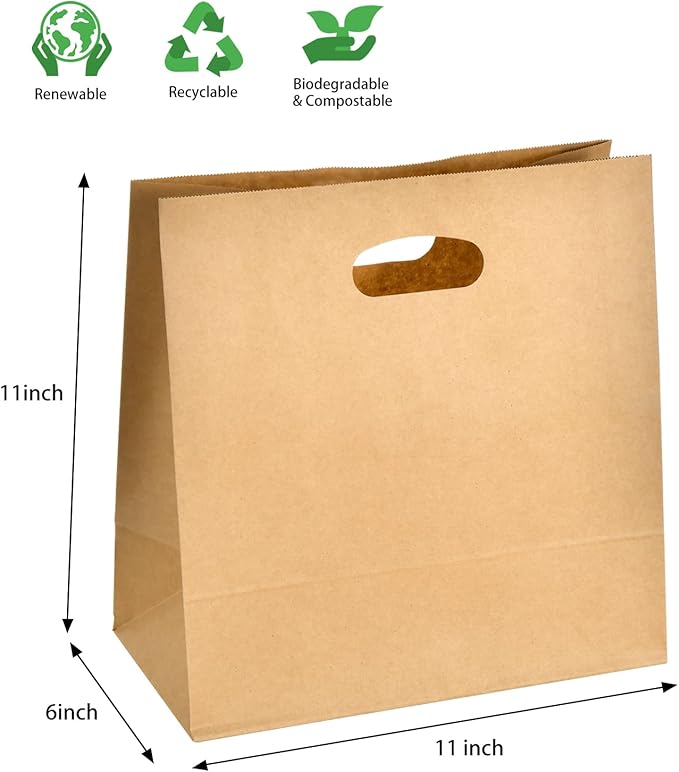 COGLARING 50Pcs 11x6x11 Brown Kraft Paper Bags with Handles, Die Cut Tote Bulk for Retail Shopping Takeout Bakery Gift Bags