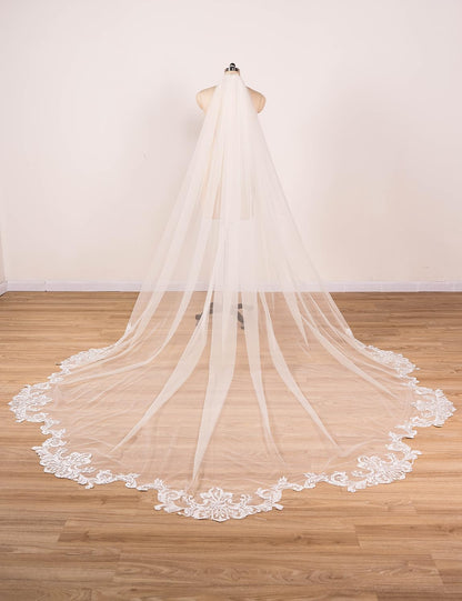 EllieWely 1 T Cathedral Length Floral Lace Appliques Wedding Bridal Veil F11