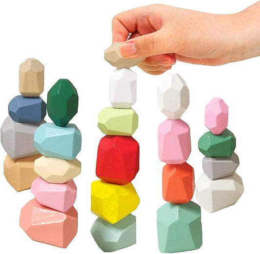 Wooden Stacking Toys Stone Stacking Game Colored Wooden Stones Rock Blocks Wooden Balancing Blocks Educational Stacking Building Toys for Kids Ages 3-5 (14PCS)