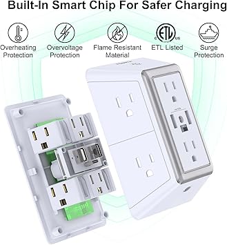 Outlet Extender USB Wall Charger - POWRUI 6 AC Surge Protector Outlets with 3 USB Ports (1 USB C) and Night Light, 3-Sided Multi Plug Wall Outlet Power Strip with Spaced Outlets, ETL Listed, White
