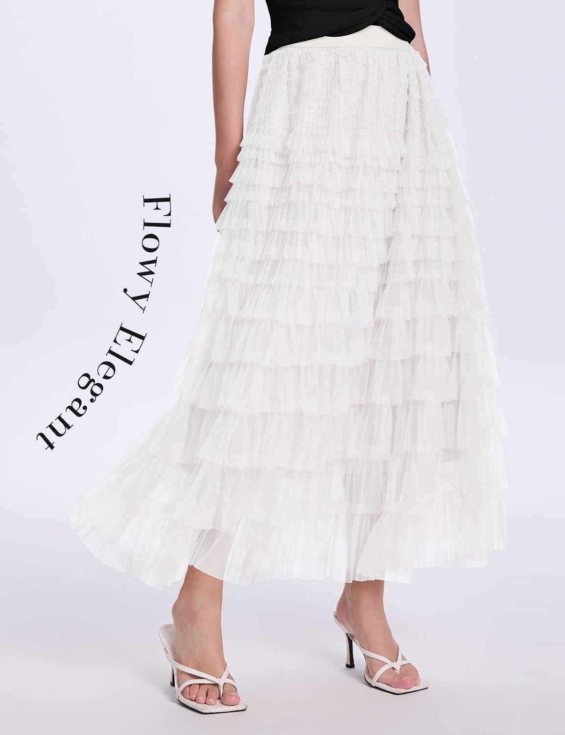 PEHMEA Tulle Maxi Skirts for Women, High Waist A-Line Flowy Elegant Party Wedding Guest Casual Skirt