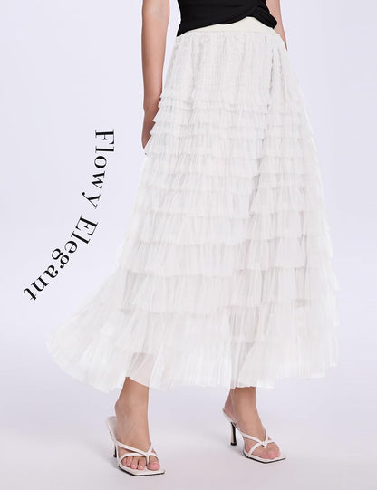 PEHMEA Tulle Maxi Skirts for Women, High Waist A-Line Flowy Elegant Party Wedding Guest Casual Skirt