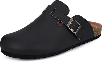 Womens Cork Footbed Clogs Mens PU Leather Mules with Arch Support Adjustable Buckle Comfort Slip On Potato Shoes Unisex Non-Slip Flat Sandals Indoor Outdoor