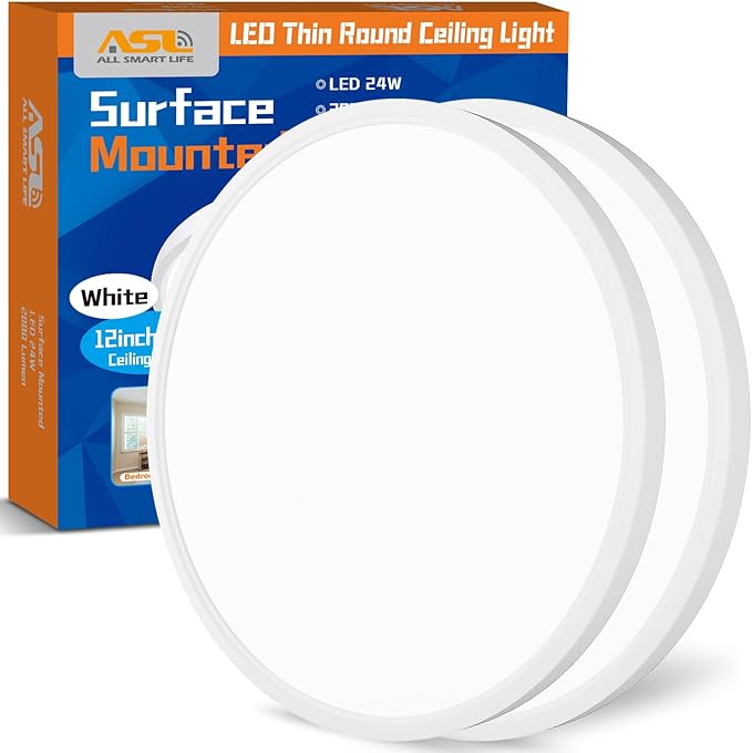 Allsmartlife Flush Mount Led Ceiling Light 2 Pack, 24W 2880lm,3000K4000K6500K, 12 inch Ceiling Light for Bedroom, Bathroom, Laundry Room, Kitchen