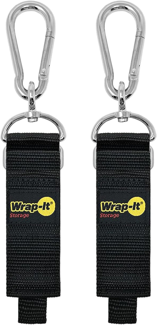 Hook 'n Hang Wrap-It Storage Straps - 12" (2-Pack) Black - Carabiner Straps to Use as Extension Cord Holder Heavy Duty Straps with Hooks for Cord Storage or Garden Hose Strap, A102-HNH-12BL