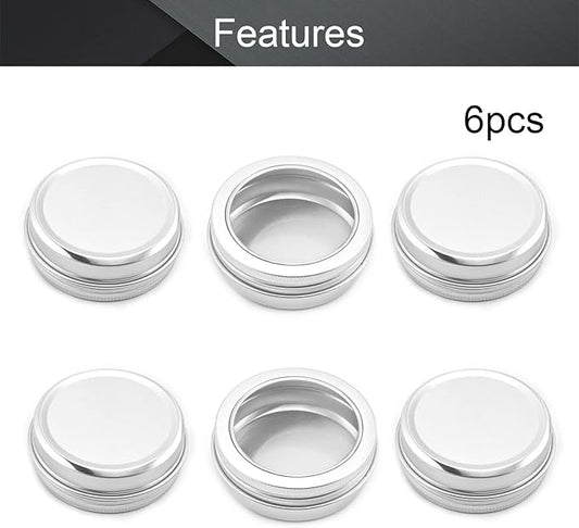 Heyiarbeit 6 Pack 2 OZ Tin Cans Screw Top Round Aluminum Cans Screw Lid Containers with Clear Window for Store Spices, Candies, Tea or Gift Giving
