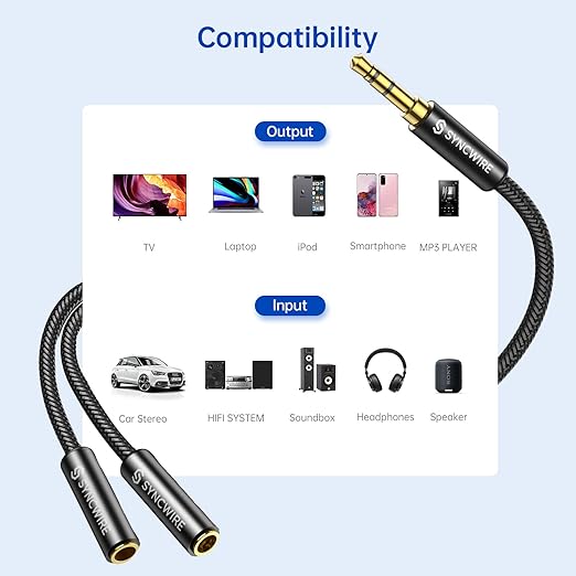 Syncwire Headphone Splitter, Nylon-Braided Extension Cable Audio Stereo Y Splitter (Hi-Fi Sound), 3.5mm Male To 2 Ports 3.5mm Female Headset Splitter for Phone, PS4, Switch, Tablets  More
