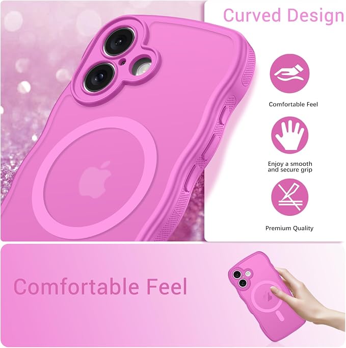 BENTOBEN Magnetic for iPhone 16 Case, Cute Wavy [Full Camera Protection][Compatible with MagSafe] Matte Anti-Slip Bumper Women Girls Boys Protective Phone Case for iPhone 16 6.3", Berry Pink