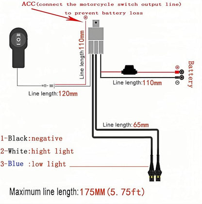 LINJIE Motorcycle Double ColorHigh Low Beam Wiring Harness Kit 12V Relay Double Color Spot Lights Wiring On Off Waterproof Switch Motorcycle High Low Beam Wiring Kit (5.75ft), Black