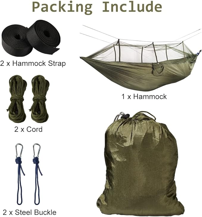 Camping Hammock with Mosquito Net Portable Lightweight Hanging Hammocks with 2 Tree Straps 210T Parachute Nylon Hammock for Outdoor Hiking Survival Travel, Green