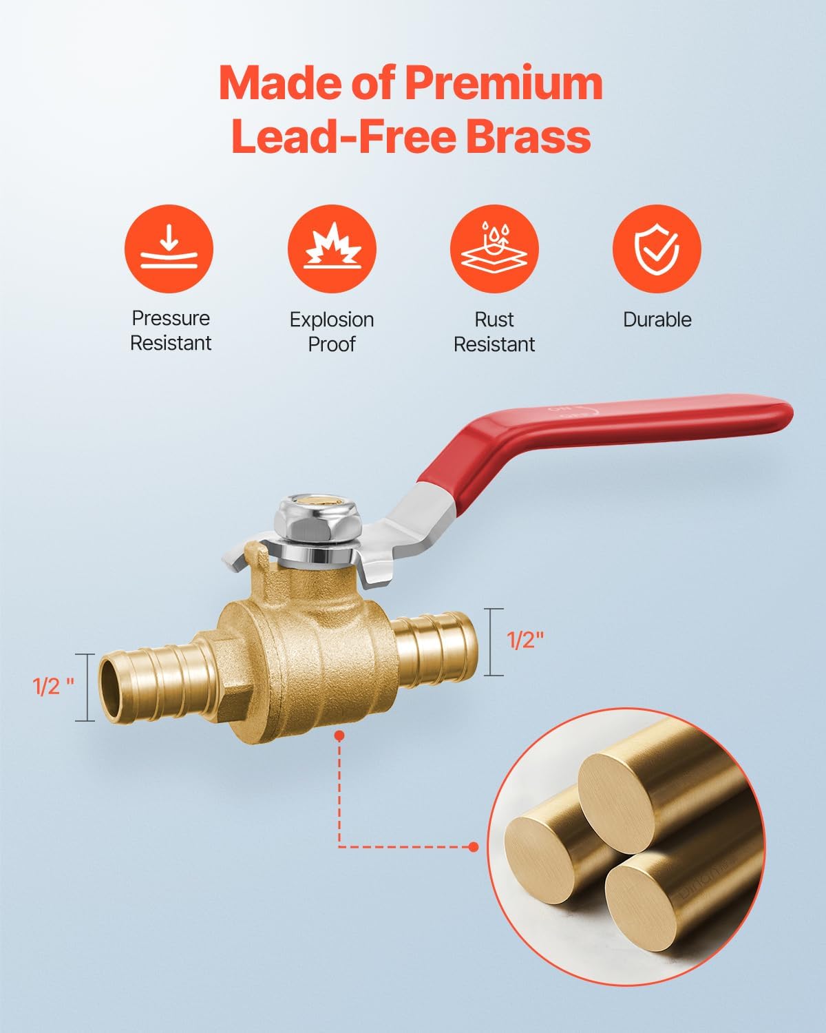 VEVOR PEX Ball Valve, 10 Pieces (5 Red, 5 Blue), 1/2 in PEX Brass Ball Valve, PEX Full Port Brass Ball Valves, Quarter Turn Hot (Red) Cold (Blue) PEX Full Port Ball Valve, for Kitchen, Hydronic Heating, Bathroom