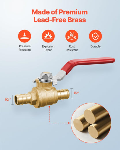 VEVOR PEX Ball Valve, 10 Pieces (5 Red, 5 Blue), 1/2 in PEX Brass Ball Valve, PEX Full Port Brass Ball Valves, Quarter Turn Hot (Red) Cold (Blue) PEX Full Port Ball Valve, for Kitchen, Hydronic Heating, Bathroom