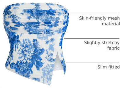 Milumia Women Floral Summer Mesh Ruched Tube Top Y2k Going Out Crop Tops | Strapless Tropical Hawaiian Tank, Vacation Outfits, Beach, Bandeau, Asymmetrical Split Hem