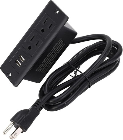 Recessed Power Strip Desktop 2 AC Outlets 2 USB Ports Embedded Design for Furniture Space Saving 1.5m Cord US Plug 125V for Furniture Installation (Black)
