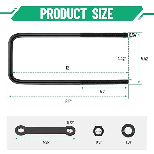 12 inch Square Bend U-Bolt Kits, Heavy Duty Steel Square U-Bolts with 6 inch Tie Plates for Truck Chassis