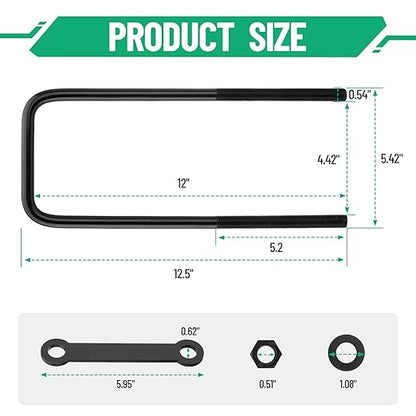 12 inch Square Bend U-Bolt Kits, Heavy Duty Steel Square U-Bolts with 6 inch Tie Plates for Truck Chassis