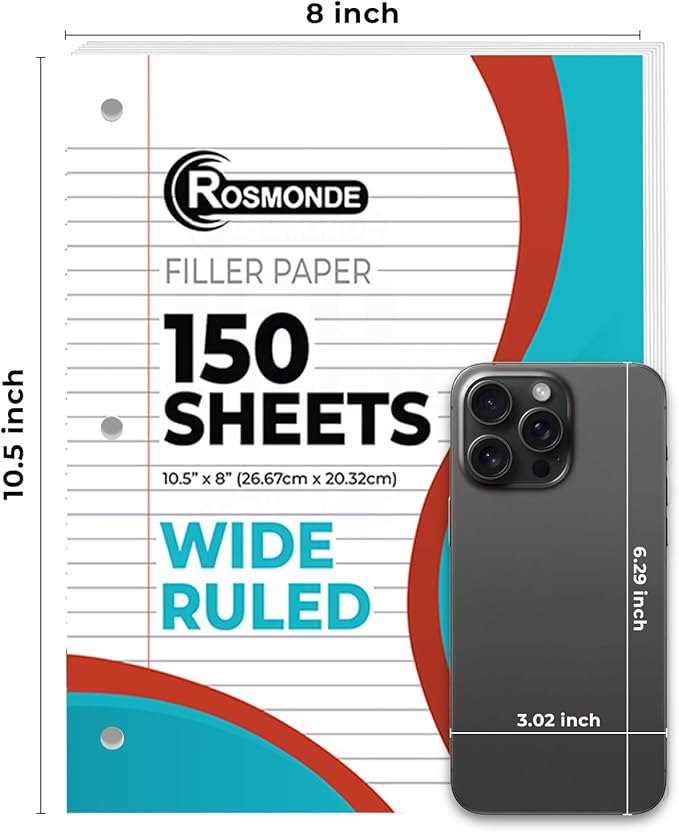 Loose Leaf Paper, 450 Sheets, 3 Pack, 56 gsm Wide Ruled Sheets, 8" x 10.5", Bulk Notebook Paper, 3 Hole Punched, 150 SheetsPack, Wide Ruled Paper for Binders, Loose Leaf Office Paper, White