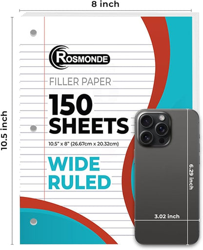 Loose Leaf Paper, 450 Sheets, 3 Pack, 56 gsm Wide Ruled Sheets, 8" x 10.5", Bulk Notebook Paper, 3 Hole Punched, 150 SheetsPack, Wide Ruled Paper for Binders, Loose Leaf Office Paper, White