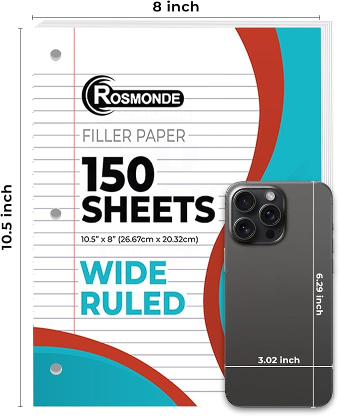 Loose Leaf Paper, 300 Sheets, 2 Pack, College Ruled Paper, 8" x 10.5", Bulk Office Filler Paper, 3 Hole Punched, 150 Sheets/Pack, 56 gsm Paper, College Ruled Notebook Paper for Binder, White