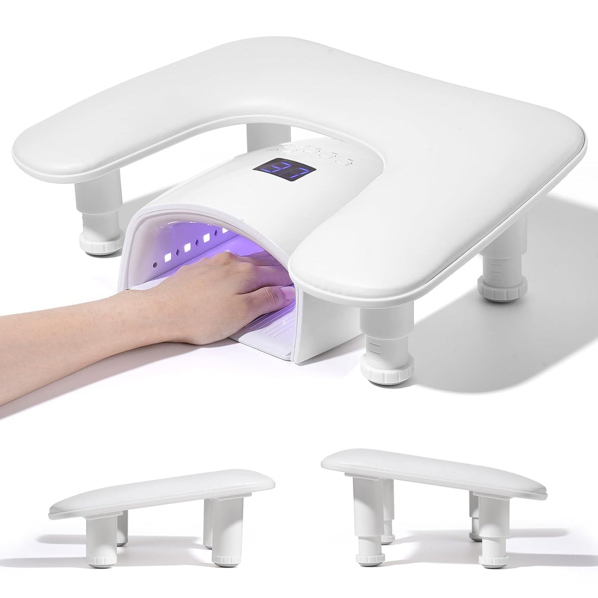 Big Arm Rest for Nails Tech, Height Adjustable, U-Shaped, White 2nd Gen, 3-Level Height Adjust, 15° Ergonomic Angle, Microfiber PU Leather, Anti-Slip Base, Tool-Free Setup for Acrylic Nails