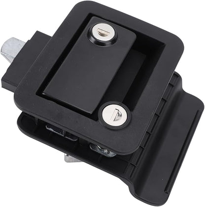 RV Door Lock, Enhanced Security for Motor Home Travel Trailer, Zinc Alloy with Switch, and Wearproof, Black Design, Dual Lock with Matching Keys, Dust Protection Foam, Screw