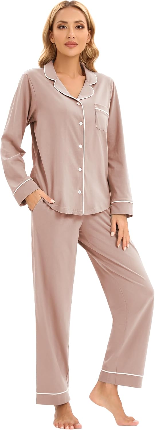LUBOT 100% Cotton Pajamas for Women Pajama Set Soft 2 Piece Sleepwear PJ Set Long Sleeve Button Knit Cozy Loungewear XS-XXL