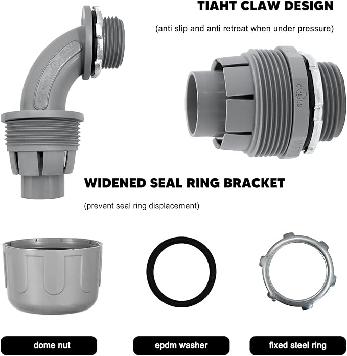 1-12 inch Liquid Tight Connector PVC Flexible Conduit Connector, 180 Degree and 90 Degree UL Listed, Non-Metallic Electrical Conduit Fittings 6 Pack(4 pcs 180D2 pcs 90D)