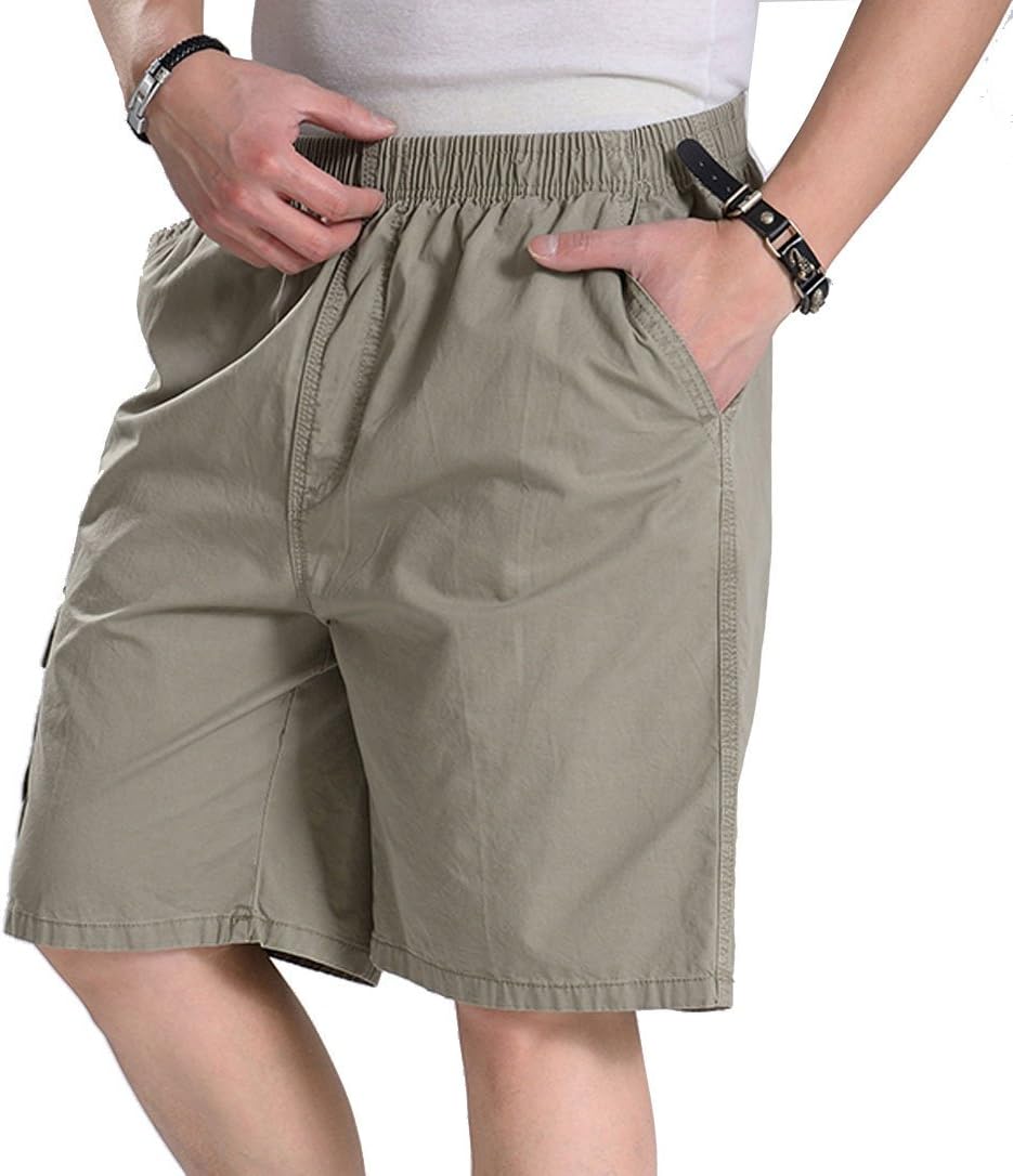 Men's Elastic Waist Cargo Shorts Lightweight Twill Drawstring Cotton Loose Fit Short