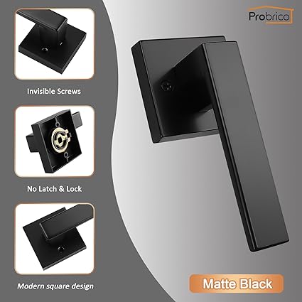 Probrico Pack of 6 Door Lever Dummy Lever Door Handles for Closets French Doors,Square Dummy Door Lever,Non-Turning Single Side Pull with Black Finish,Easy Installation Pull Only Lever Set