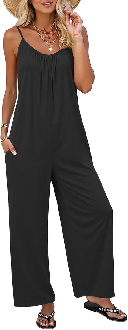 LILBETTER Women Jumpsuits Casual Sleeveless Spaghetti Strap Boho Wide Leg Rompers with Pockets.
