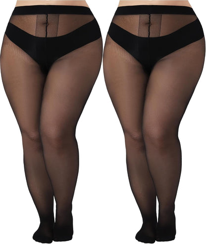 Plus Size Sheer Black Tights for Women T-Crotch 20D Ultra Thin Pantyhose High Waist Stockings 2 Pairs (Open Box)