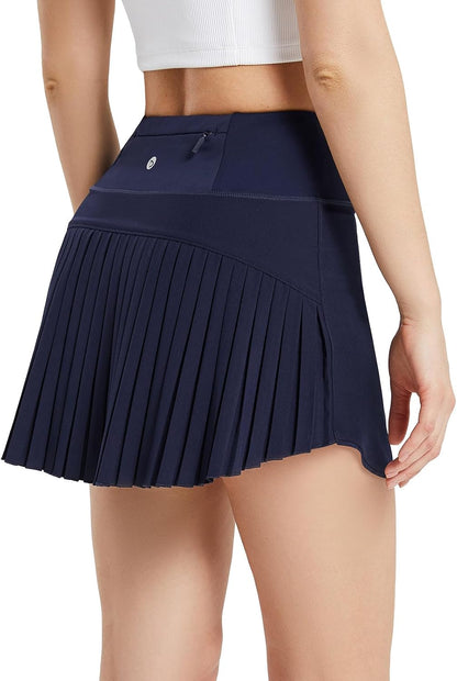 Baleaf pleated tennis skirt, high-waisted, tummy control, multiple pockets, fashionable and practical for active lifestyle.