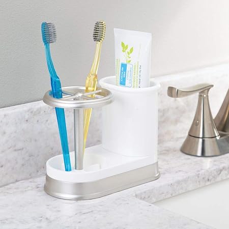 mDesign Decorative Bathroom Dental Storage Organizer Holder Stand for Electric Spin ToothbrushToothpaste - Compact Design for Countertop and Vanity, Holds 4 Standard Brushes - WhiteMatte Satin
