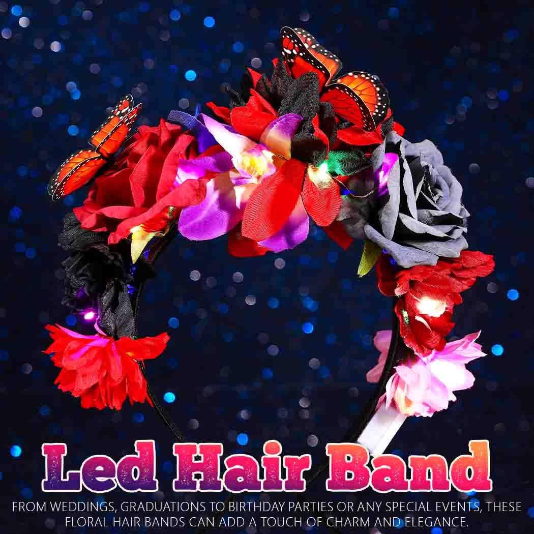 DRESBE Boho Light Up Flower Headband LED Butterfly Floral Headbands Glow Hawaii Beach Party Hair Accessories for Women (Multicolor C)-1 pack