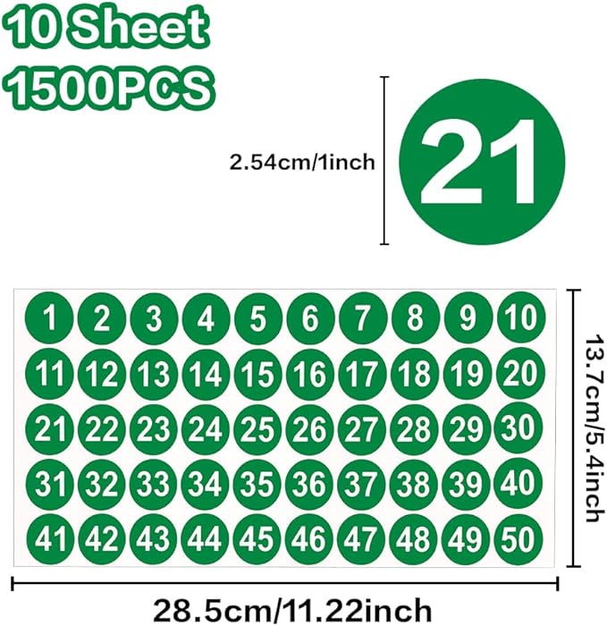Number decals, consecutive number decals from 1 to 50, 10 sheets of round number labels, green vinyl small number decals for office, classroom, storage,